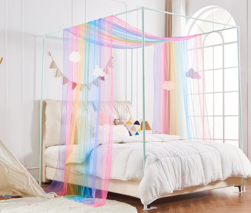 WANFASO Rainbow Princess Canopy Bed Curtain Queen, Bed Scarf Valance with Cloud Ornaments, Bed Canopy for Girls Bedding Decor (1 Panel, Full/Queen Size) - Image 1